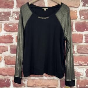 Energe World Wear Top Women's XL Black Gold Metallic Casual Stretchy Shirt